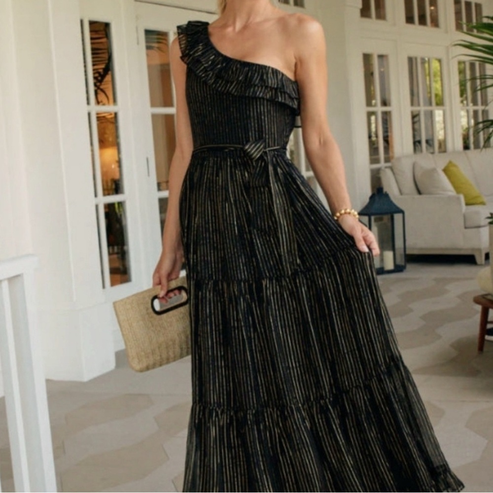 Cabana Life Black Metallic Ruffle One Shoulder Maxi Dress Cocktail Party Wedding
